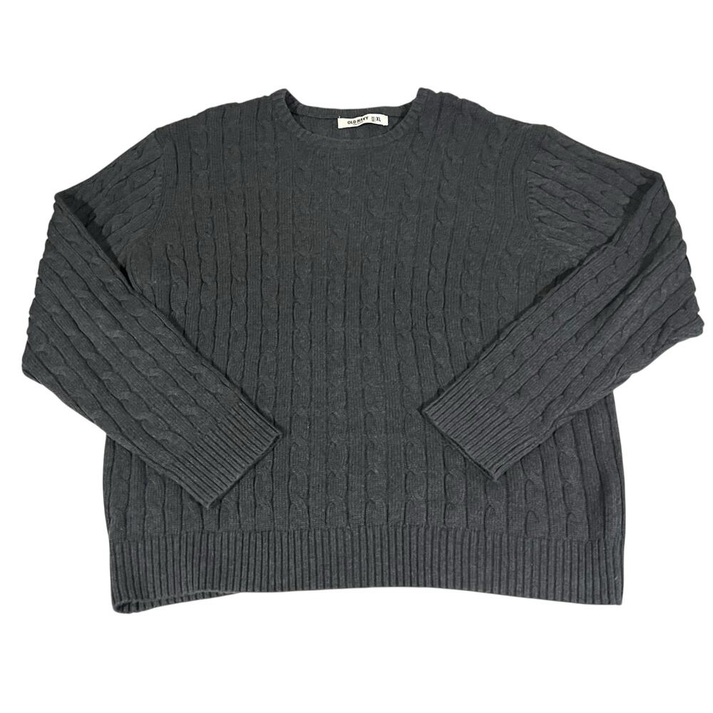 Old Navy Sweater Mens XL Gray Cable Knit 100% Cotton Crewneck Pullover Dad